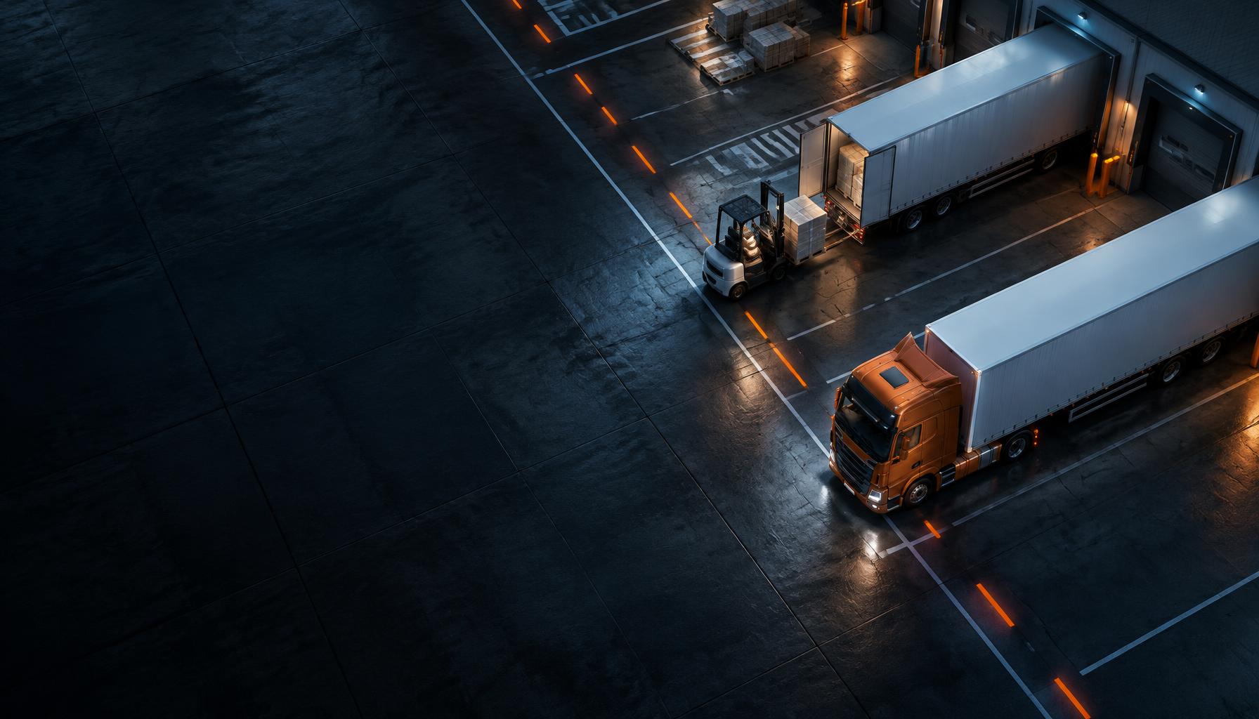 Illustrated nighttime logistics yard with trailers, an orange truck and a forklift